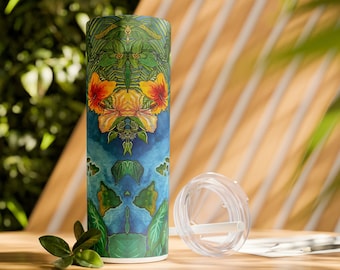 Hawaiian Floral Tumbler with Straw: Original Watercolor Art, 20oz Reusable Travel Cup, Tropical Drinkware, Beach Lover Gift, Eco-Friendly
