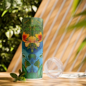 Hawaiian Floral Tumbler with Straw: Original Watercolor Art, 20oz Reusable Travel Cup, Tropical Drinkware, Beach Lover Gift, Eco-Friendly