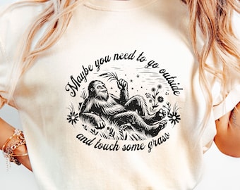 Funny Sasquatch 'Touch The Grass' Shirt: Vintage Bigfoot Tee, Cryptid Humor T-Shirt, Outdoor Adventure Graphic Tee, Nature Lover Gift