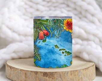 Vaso de acuarela de las islas hawaianas, arte floral tropical, taza de viaje reutilizable de 283 ml, vajilla de inspiración isleña, regalo para amantes de la playa, taza soleada