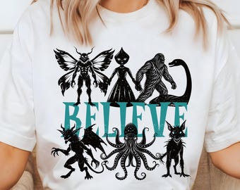 Believe Cryptid T-shirt - featuring Bigfoot, Mothman, Nessie & more, perfect gift for cryptid lovers and paranormal fan, vintage style shirt