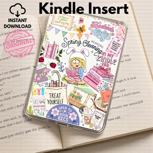 Puede incluir: Inserto de Kindle transparente con un diseño colorido que presenta a una niña leyendo, libros y el texto "Spring Cleaning in My Kindle Era". Incluye el texto "Treat Yourself" y "Open to Book Recs".