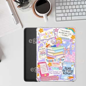 May include: Clear tablet case with a colorful design featuring the text "Book Club Girlie" and other reading-themed graphics. Includes a cartoon illustration of a person reading, flowers, and the text "Read, Return, Repeat."