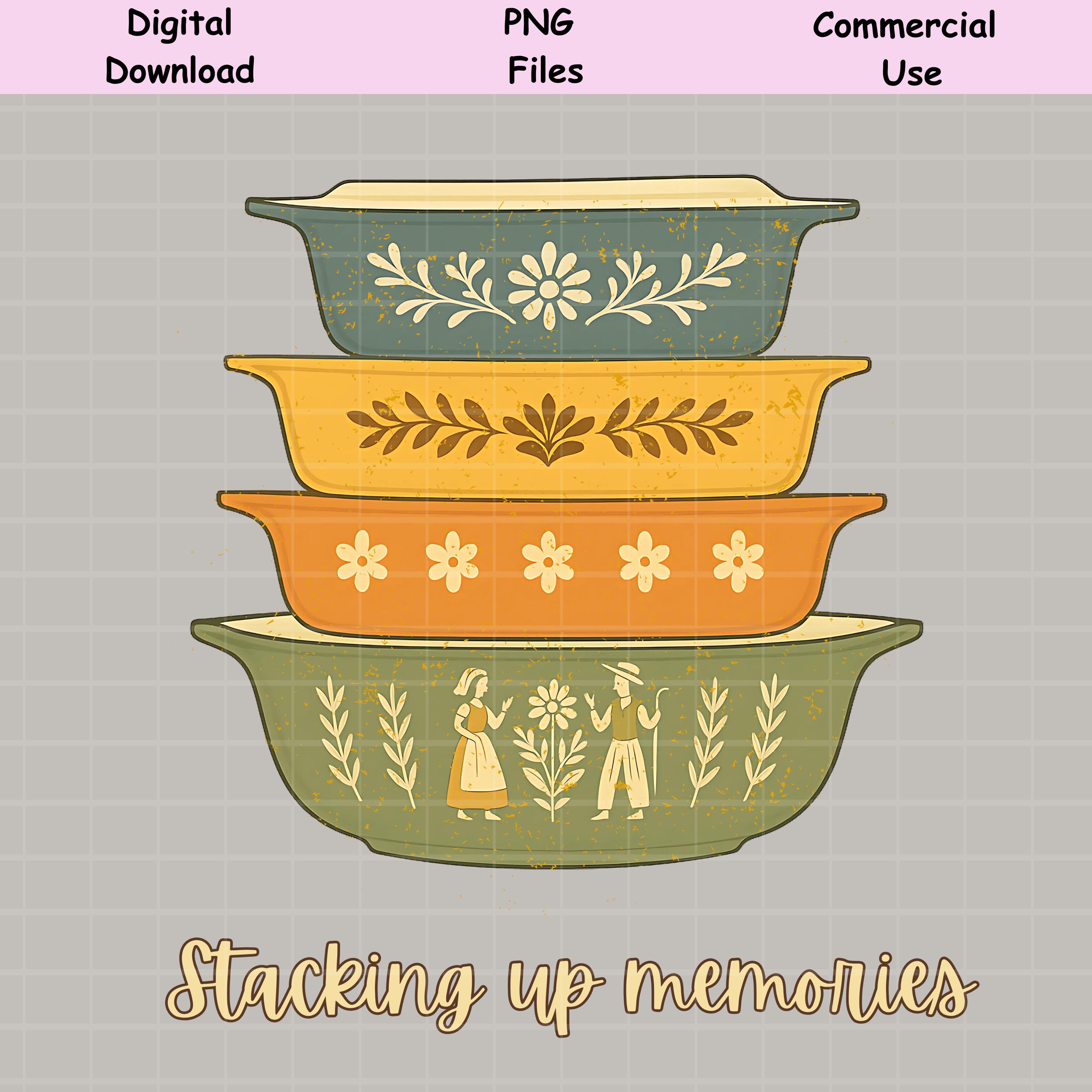 Stacking up Memories PNG, Digital Download, Retro Pyrex Bowl PNG Stack ...