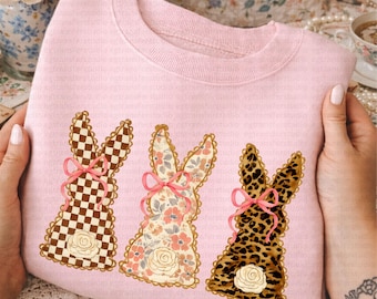 Floral Leopard Bunny Trio PNG | Preppy Easter Bunny Clipart | Coquette Spring Sublimation Design Download