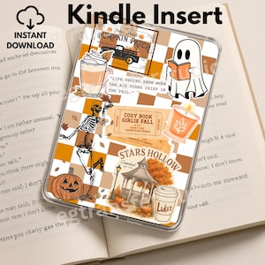May include: Kindle Insert with a fall theme. The design features a pumpkin patch, a skeleton, a ghost reading a book, and a coffee cup. The text includes "Instant Download", "Cosy Book Girlie Fall", and "Stars Hollow".
