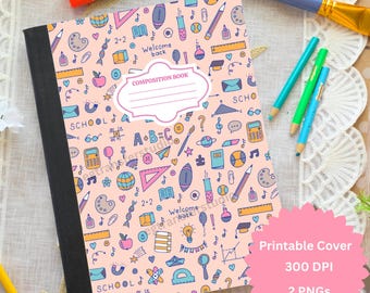 Portada de cuaderno de composición en tonos pastel PNG: Material escolar kawaii para imprimir (descarga digital)