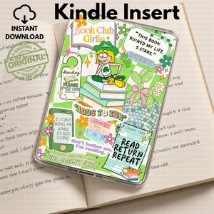 May include: A clear Kindle Insert case with a vibrant design featuring a cartoon girl, books, and text. The design includes the words "Book Club Girlie," "Adds to TBR," and "Read, Return, Repeat." The case is decorated with flowers and other graphics.