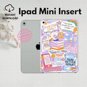 May include: An iPad Mini insert with a clear case featuring a colourful design. The design includes the text "Book Club Girlie", a cartoon girl reading, and the phrases "Adds to TBR" and "Read Return Repeat".