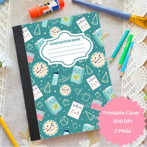 Cute School Supplies Composition Notebook Cover PNG, Cute Pastel School Supplies Printable, Kawaii Math Science Pattern, Digital Download