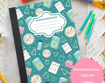 Kawaii School Supplies Composition Notebook Cover PNG (Digital Download)