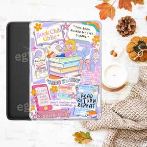 May include: A clear tablet case with a colorful design featuring a cartoon girl reading on a stack of books. The case has text that reads "Book Club Girlie", "Adds to TBR", and "Read, Return, Repeat". The case is decorated with flowers and stars.