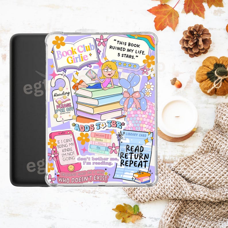 May include: A clear tablet case with a colorful design featuring a cartoon girl reading on a stack of books. The case has text that reads "Book Club Girlie", "Adds to TBR", and "Read, Return, Repeat". The case is decorated with flowers and stars.