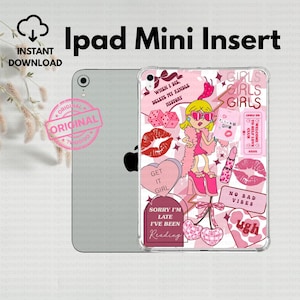May include: An iPad Mini insert with a pink and white design. The insert features illustrations of lips, hearts, a girl, and text that reads "Girls Girls Girls", "Get It Girl", and "Sorry I'm Late I've Been Reading".