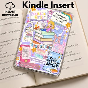 May include: A clear Kindle case with a colorful book-themed design. The case features illustrations of books, a girl reading, and text that reads "Book Club Girlie" and "Read Return Repeat".