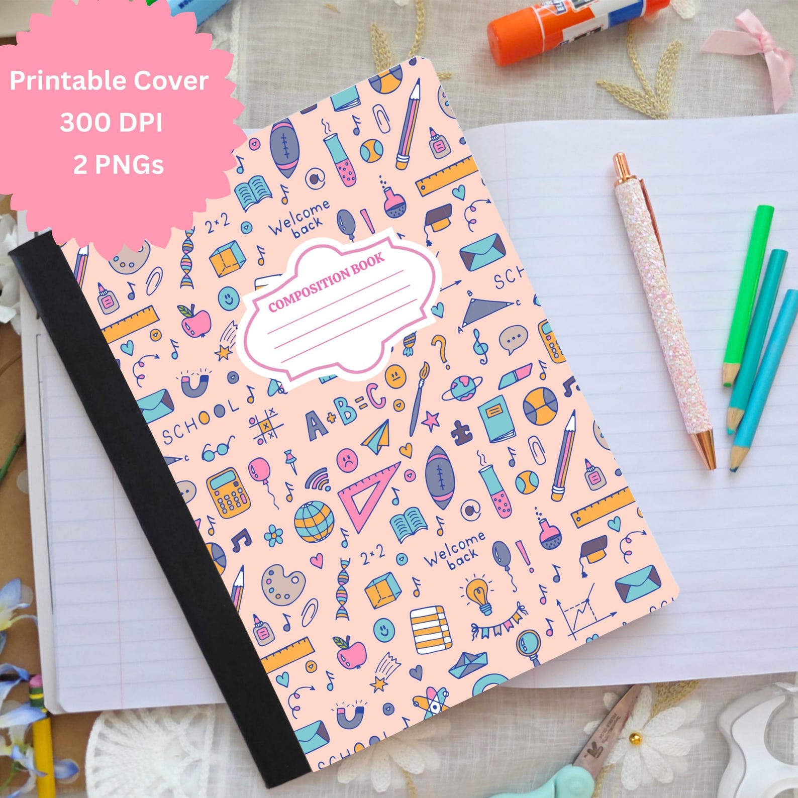 Back to School Composition Notebook Cover PNG, Cute Pastel School ...