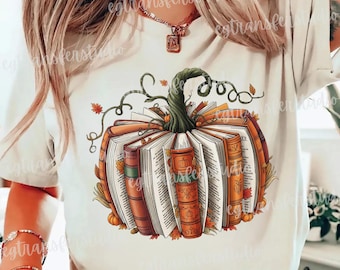 Retro Fall Book Pumpkin PNG Design, Digital Download, Cozy Autumn Reading Sublimation, Librarian Halloween Shirt