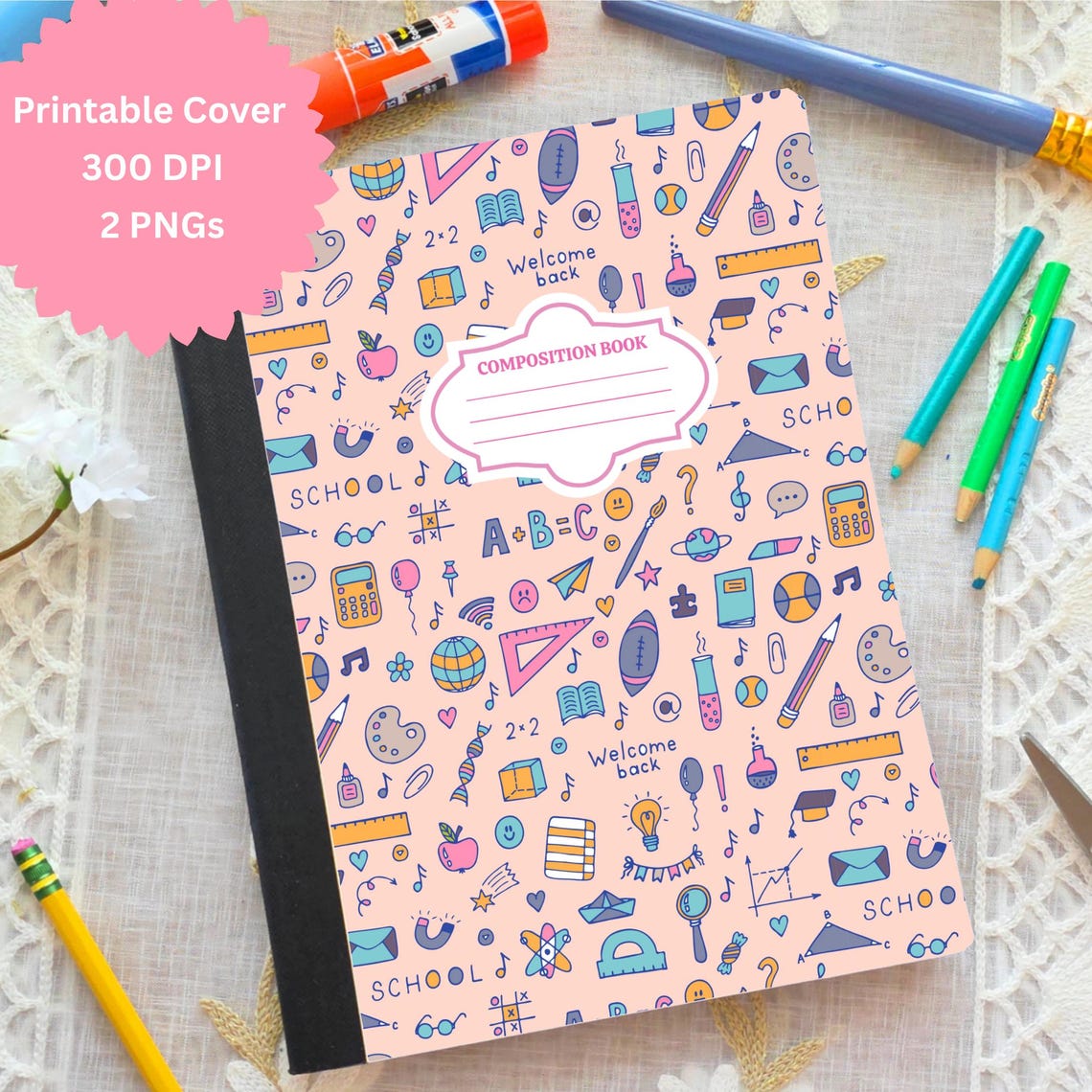 Back to School Composition Notebook Cover PNG, Cute Pastel School ...
