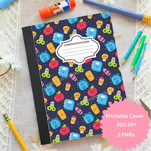 May include: A composition book with a navy blue cover featuring a repeating pattern of cartoon apples, bears, and other playful shapes. The cover includes a white label that says "COMPOSITION BOOK".