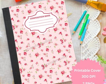Portada de cuaderno de composición con estampado floral rosa, PNG imprimible vintage (descarga digital)