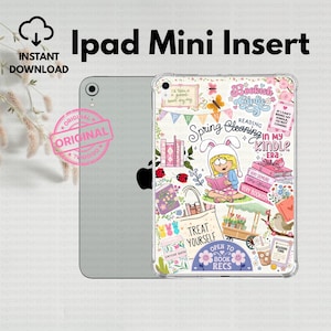 May include: An iPad Mini insert with a colorful design. The insert features a cartoon girl reading, books, flowers, and the text "Spring Cleaning in my Kindle Era." The words "Treat Yourself" and "Open to Book Recs" are also visible.