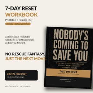 Könnte beinhalten: Ein 7-Tage-Reset-Arbeitsbuch als digitales Produkt mit einem schwarzen Einband, der den Text Nobody's Coming To Save You, Tough-Love Lessons For Rebuilding Your Life When Nothing Went According To Plan, The 7-Day Reset und Anthony Powell enthält.
