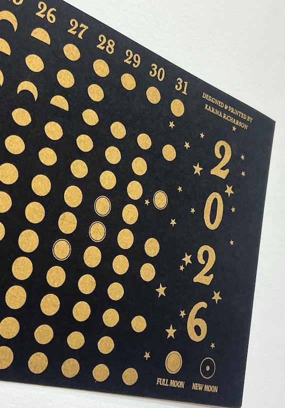 Oversized 2026 Risograph Lunar Calendar Moon Phases | Gold and Blue Options