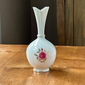 Vintage Bud Vanity Vase, white and pink rose with Gold trim.
