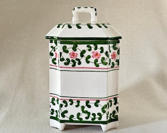 Vintage Canister, Cookie jar. Pink floral with green leaves on white background. Casafina, Portugal. Square shape