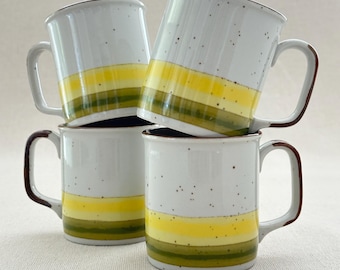 Vintage Stoneware Mugs: 1970s Japanese Yellow & Green Stripe, Set of 4