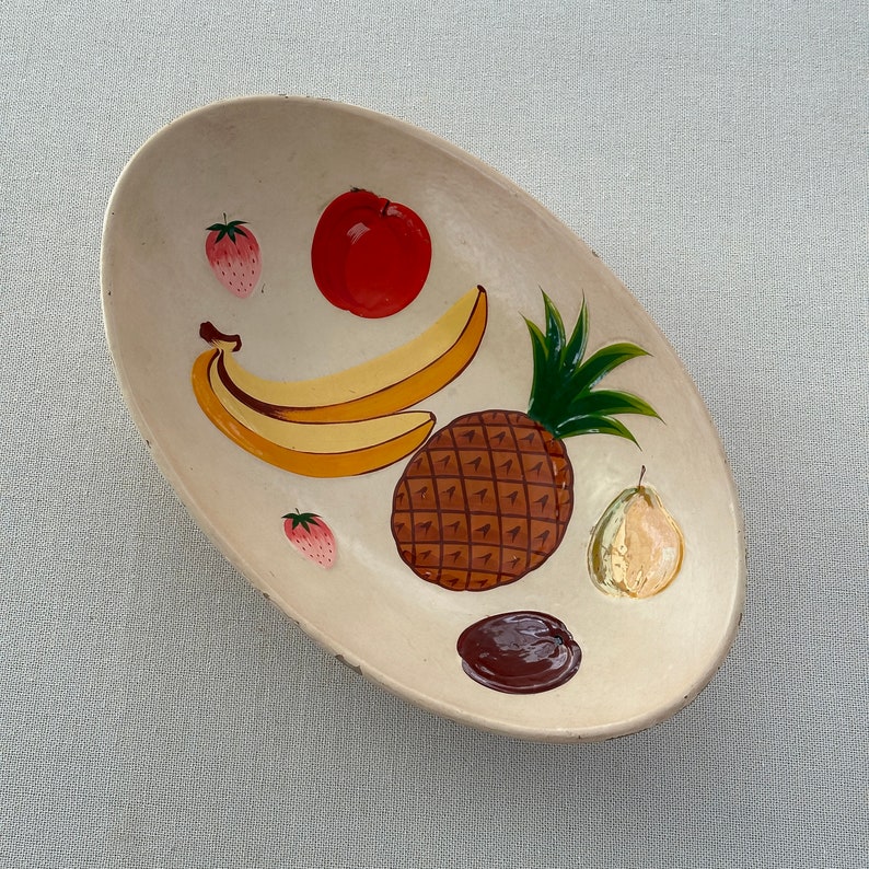 Vintage fruit bowl, handprinted colorful and fun image 1