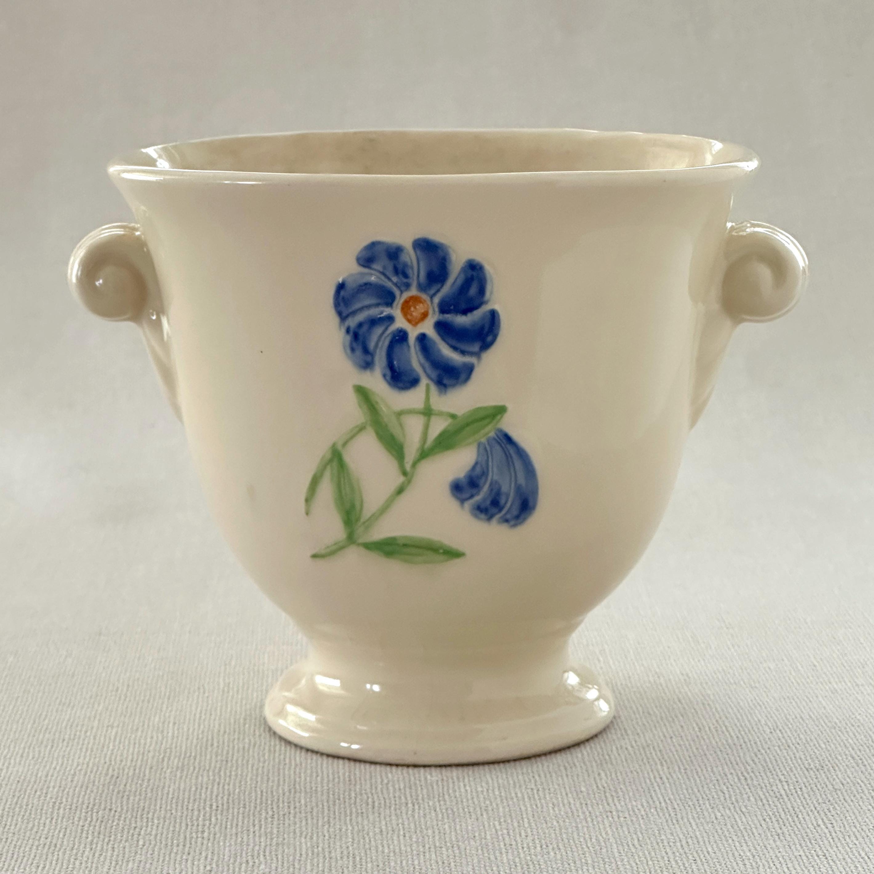 Vintage Trophy Vase w handles, White USA pottery marked, Blue floral on one side. Ships Fast!
