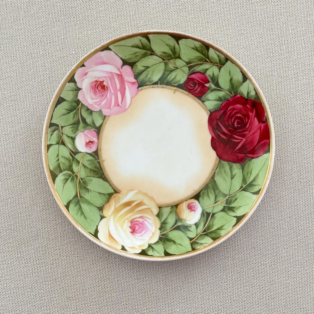 Vintage Hand-painted Rose Plate: Floral Gold Trim Decor (7.5
