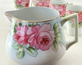 Vintage Pink Floral Nippon Pitcher and four cups, lemonade set with gold edge