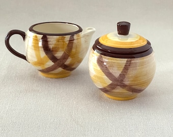 Vintage plaid yellow/Brown MCM creamer & sugar set, Organdie from California Handpainted with lid. Excellent condition!