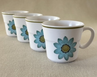 Vintage Noritake Coffee Mugs: White with Blue Floral, Set of 4