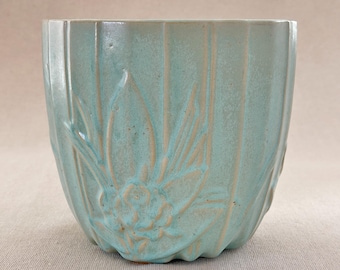Vintage McCoy Planter, Lotus Jardiniere, Aqua Blue. Large size. Ships Fast!