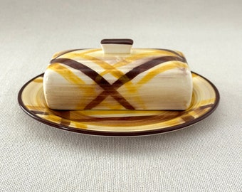 Vintage Plaid Yellow/Brown Butter dish with plate, Organdie from California, Hand painted with lid. Excellent condition!