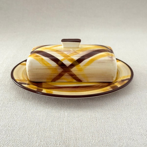 Vintage Plaid Yellow/Brown Butter dish with plate, Organdie from California, Hand painted with lid. Excellent condition!