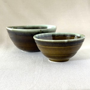 Vintage Set of 2 drip glaze, green bowls, olive green. Large and med size. Ships Fast!