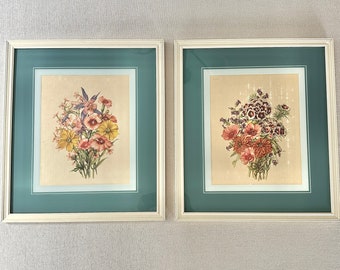 Vintage style, set of 2 Framed floral prints, blue green paper mat, white framed. Bedroom wall art.Classic decor, farmhouse style