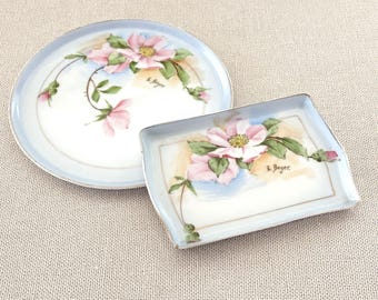 Vintage RS Prussia Porcelain Trinket Dish: Hand-Painted Pink Floral Vanity Tray