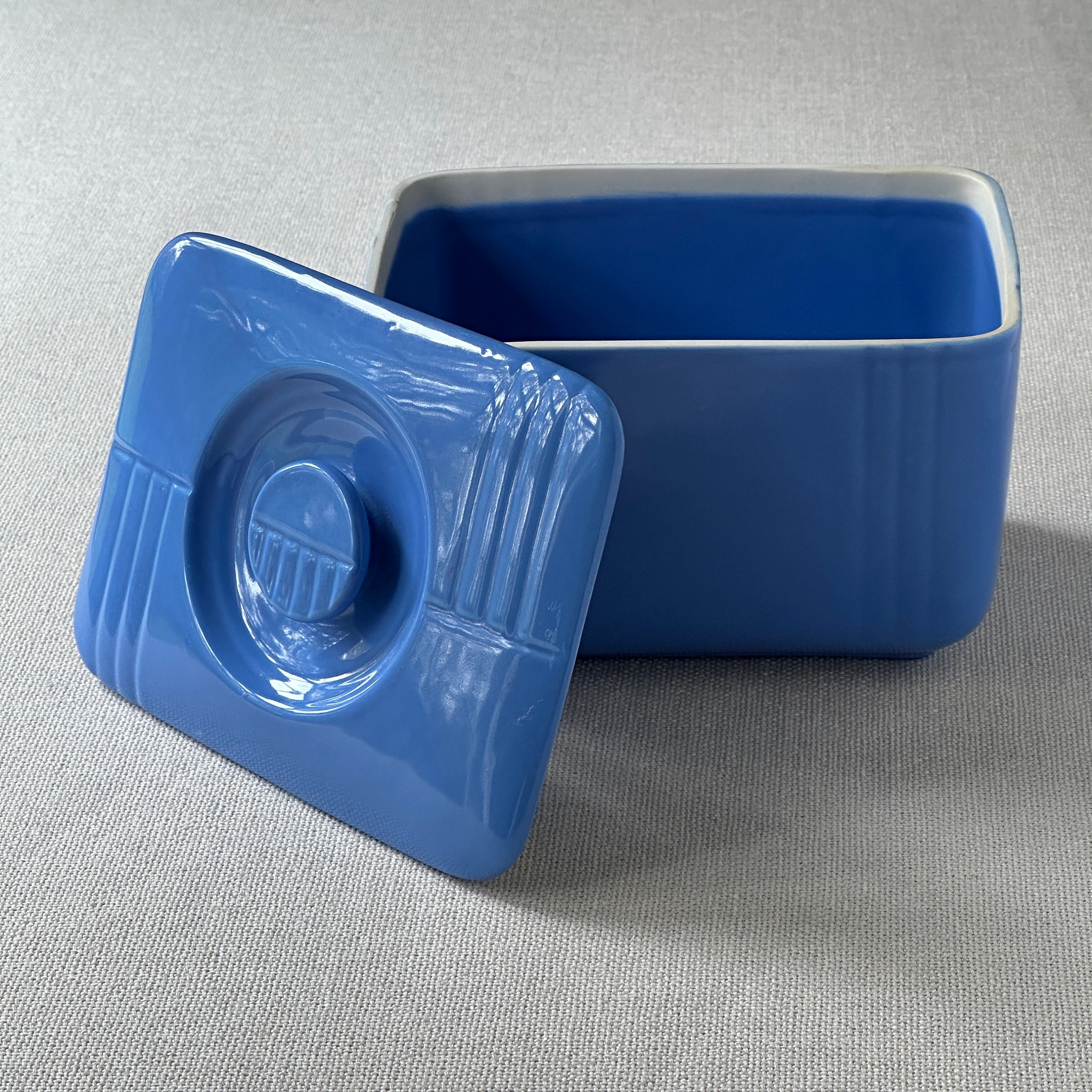 Vintage Hall Refrigerator Ware , Square Lidded Dish. Blue Delphinium