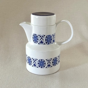 May include: White ceramic teapot with a blue and white floral pattern. The teapot has a lid and a handle.