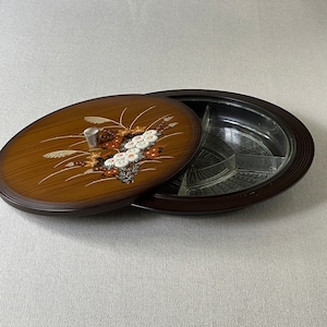Vintage divided serving tray with lid. MCM dry floral look,