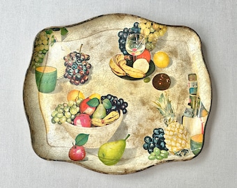 Vintage cocktail tray, 1950's martini, fruit and wine pictures, unique shape. Colorful Pineapple, pears, grapes and bananas.