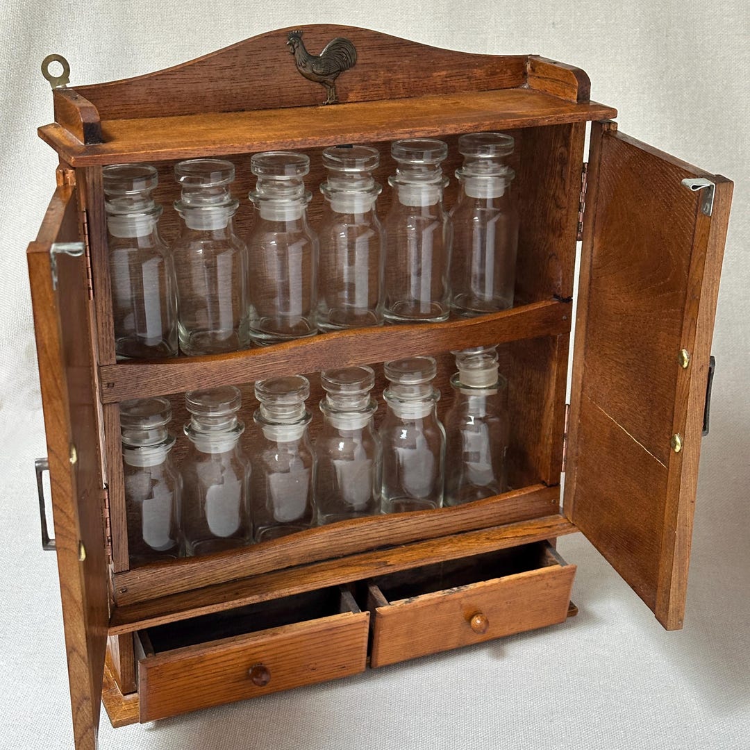 Vintage Spice Rack Apothecary, Curio Cabinet With Complete 12 Glass ...