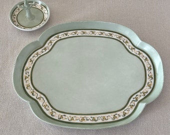 Vintage French vanity tray and ring dish, pastel green handprinted porcelain. Excellent condition! 2 Piece set