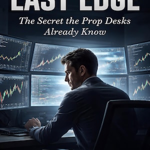 May include: Book cover for "The Last Edge" by Ray Callahan. The title is in large, bold white letters above the subtitle "The Secret the Prop Desks Already Know." A man is seated in front of multiple computer screens displaying financial charts.