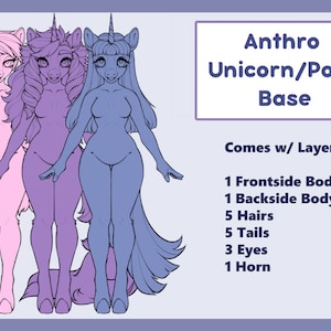 Puede incluir: Base de dibujo de línea para dibujar unicornios o ponis antropomorfos. La base incluye tres poses diferentes de un unicornio con un cuerno, una melena y una cola. El texto en la imagen dice "Anthro Unicorn/Pony Base" y "Comes w/ Layers: 1 Frontside Body, 1 Backside Body, 5 Hairs, 5 Tails, 3 Eyes, 1 Horn."